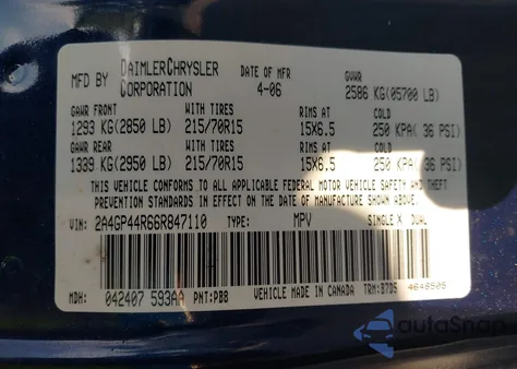 2006 Chrysler Town & Country Lx from USA, damaged, VIN 2A4GP44R66R847110